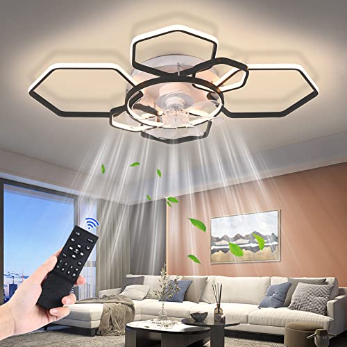 FATOLRD 41" Ceiling Fans with Lights, Modern Ceiling Fan with Dimmable LED and Remote, Bladeless Low Profile Ceiling Fan Lights Reversible Blades 6 Wind Speed Timing for Bedroom (Black)