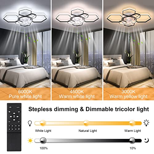 FATOLRD 41" Ceiling Fans with Lights, Modern Ceiling Fan with Dimmable LED and Remote, Bladeless Low Profile Ceiling Fan Lights Reversible Blades 6 Wind Speed Timing for Bedroom (Black)