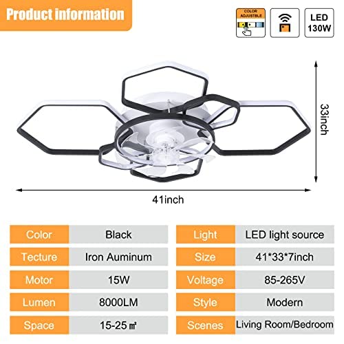 FATOLRD 41" Ceiling Fans with Lights, Modern Ceiling Fan with Dimmable LED and Remote, Bladeless Low Profile Ceiling Fan Lights Reversible Blades 6 Wind Speed Timing for Bedroom (Black)