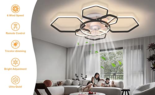 FATOLRD 41" Ceiling Fans with Lights, Modern Ceiling Fan with Dimmable LED and Remote, Bladeless Low Profile Ceiling Fan Lights Reversible Blades 6 Wind Speed Timing for Bedroom (Black)