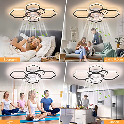 FATOLRD 41" Ceiling Fans with Lights, Modern Ceiling Fan with Dimmable LED and Remote, Bladeless Low Profile Ceiling Fan Lights Reversible Blades 6 Wind Speed Timing for Bedroom (Black)