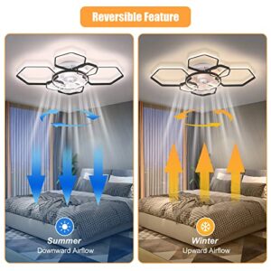 FATOLRD 41" Ceiling Fans with Lights, Modern Ceiling Fan with Dimmable LED and Remote, Bladeless Low Profile Ceiling Fan Lights Reversible Blades 6 Wind Speed Timing for Bedroom (Black)