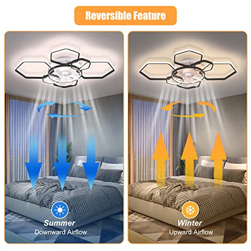 FATOLRD 41" Ceiling Fans with Lights, Modern Ceiling Fan with Dimmable LED and Remote, Bladeless Low Profile Ceiling Fan Lights Reversible Blades 6 Wind Speed Timing for Bedroom (Black)