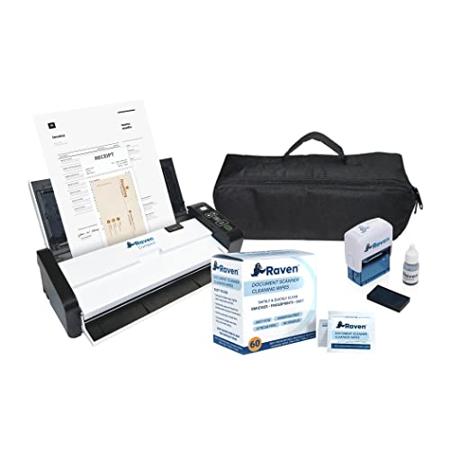 Raven Compact Document Scanner Bundle with Carrying Case, Cleaning Wipes and Rubber Stamp