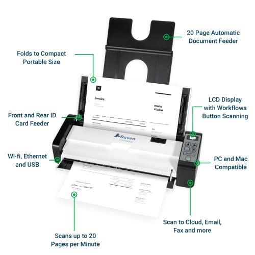 Raven Compact Document Scanner Bundle with Carrying Case, Cleaning Wipes and Rubber Stamp