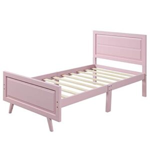 Wood Platform Bed Twin Bed Frame Mattress Foundation Sleigh Bed with Headboard/Footboard/Wood Slat Support,No Box Spring Needed (Pink)