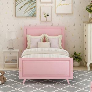wood platform bed twin bed frame mattress foundation sleigh bed with headboard/footboard/wood slat support,no box spring needed (pink)