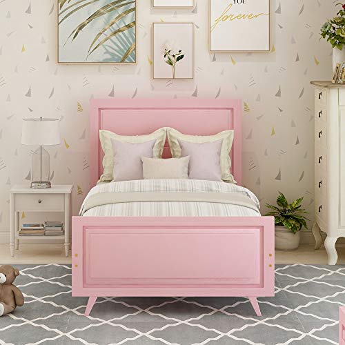 Wood Platform Bed Twin Bed Frame Mattress Foundation Sleigh Bed with Headboard/Footboard/Wood Slat Support,No Box Spring Needed (Pink)