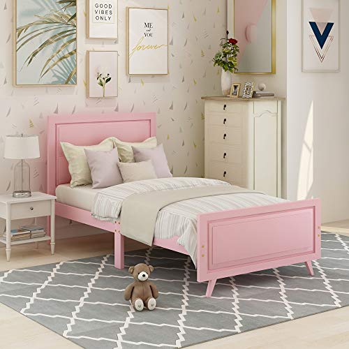 Wood Platform Bed Twin Bed Frame Mattress Foundation Sleigh Bed with Headboard/Footboard/Wood Slat Support,No Box Spring Needed (Pink)