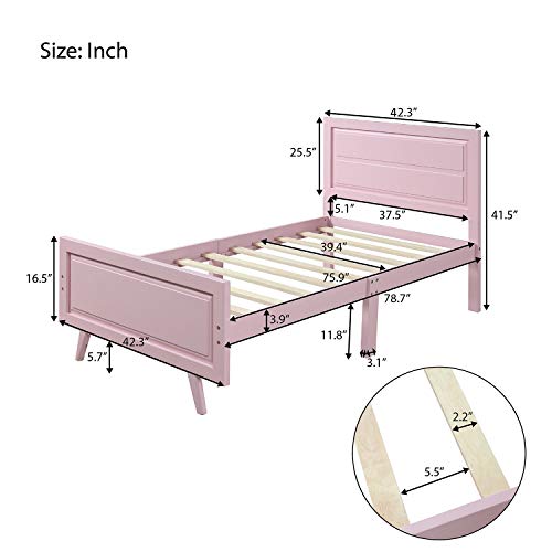 Wood Platform Bed Twin Bed Frame Mattress Foundation Sleigh Bed with Headboard/Footboard/Wood Slat Support,No Box Spring Needed (Pink)