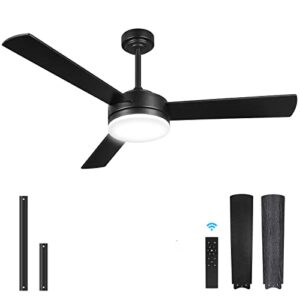 nkorka black ceiling fans with lights and remote, modern ceiling fan 52 inch, indoor outdoor ceiling fans with lights, 20w 3-color led light, noiseless reversible dc motor