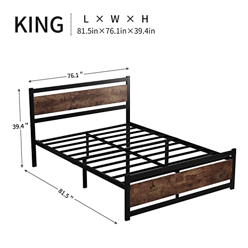 ZIORS King Size Bed Frame with Wooden Headboard, Heavy Duty Metal Platform Bed Frame, No Box Spring Needed, Mattress Foundation Platform, Noise-Free,Twin XL/Queen/King, King