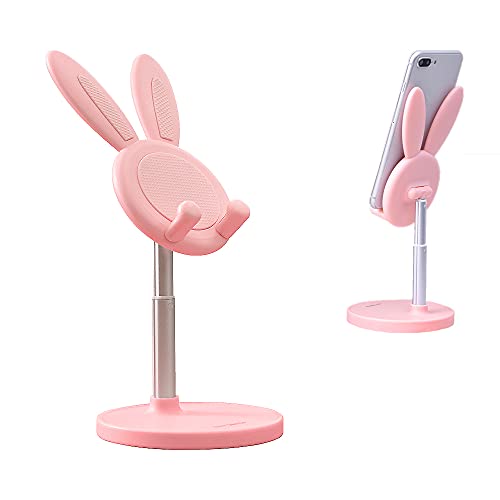 SOARCHICK Portable Cell Phone Stand for Desk Cute Bunny Height Angle Adjustable Tablet Phone Desktop Stand Holder Riser Compatible with iPhone, iPad, Tablets, Kindle, Switch, Smartphones (Pink)