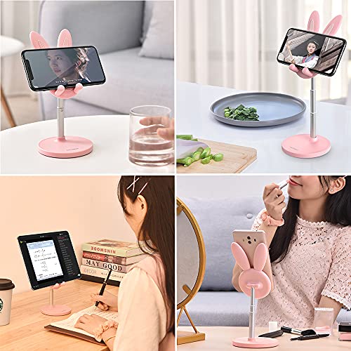 SOARCHICK Portable Cell Phone Stand for Desk Cute Bunny Height Angle Adjustable Tablet Phone Desktop Stand Holder Riser Compatible with iPhone, iPad, Tablets, Kindle, Switch, Smartphones (Pink)