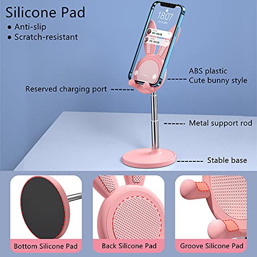 SOARCHICK Portable Cell Phone Stand for Desk Cute Bunny Height Angle Adjustable Tablet Phone Desktop Stand Holder Riser Compatible with iPhone, iPad, Tablets, Kindle, Switch, Smartphones (Pink)