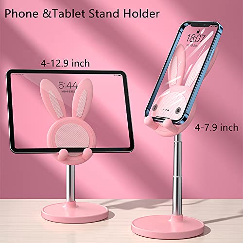 SOARCHICK Portable Cell Phone Stand for Desk Cute Bunny Height Angle Adjustable Tablet Phone Desktop Stand Holder Riser Compatible with iPhone, iPad, Tablets, Kindle, Switch, Smartphones (Pink)