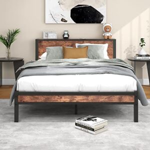 diolong queen bed frame with wood headboard and footboard, platform bed frame with storage shelf, heavy duty/reinforced support leg/mattress foundation/no box spring needed/vintage brown