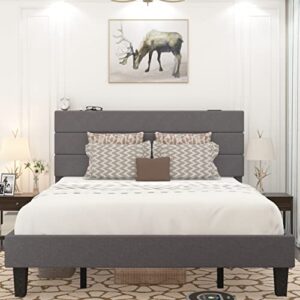 benevika king size upholstered platform bed frame with linen fabric simple style headboard and wooden slats support, upholstered mattress foundation, no box spring needed, easy assembly, grey