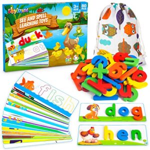 shylizard see and spell educational toys, flash cards learning toys for boys and girls 3 4 5 6 years old, cvc word builders toys for preschool, kindergarten and homeschool kids, 80pcs