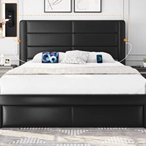 Yaheetech Queen Size Bed Frame with 2 USB Charging Station/Port for Type A&Type C/3 Storage Drawers, Leather Upholstered Platform Bed with Headboard/Solid Wood Slat Support/No Box Spring Needed/Black
