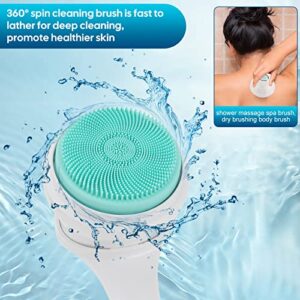 LINGSFIRE Electric Body Bath Brush, Rechargeable Back Brush Long Handle for Shower with 5 Spin Shower Facial Brush Head Waterproof Silicone Body Scrubber Exfoliating Deep Cleansing Brush for Women Men