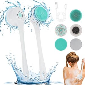 lingsfire electric body bath brush, rechargeable back brush long handle for shower with 5 spin shower facial brush head waterproof silicone body scrubber exfoliating deep cleansing brush for women men