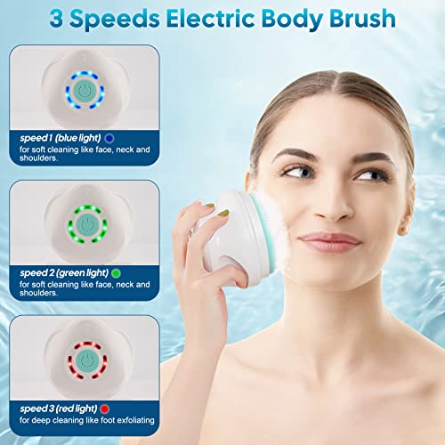 LINGSFIRE Electric Body Bath Brush, Rechargeable Back Brush Long Handle for Shower with 5 Spin Shower Facial Brush Head Waterproof Silicone Body Scrubber Exfoliating Deep Cleansing Brush for Women Men