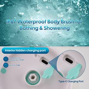 LINGSFIRE Electric Body Bath Brush, Rechargeable Back Brush Long Handle for Shower with 5 Spin Shower Facial Brush Head Waterproof Silicone Body Scrubber Exfoliating Deep Cleansing Brush for Women Men