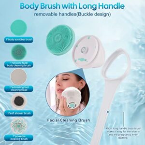 LINGSFIRE Electric Body Bath Brush, Rechargeable Back Brush Long Handle for Shower with 5 Spin Shower Facial Brush Head Waterproof Silicone Body Scrubber Exfoliating Deep Cleansing Brush for Women Men