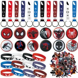 spiderman party favor, spiderman birthday party supplies kit includes 12 bracelets,12 button pins,12 keychain, 50 stickers for spiderman party，spiderman birthday party favors