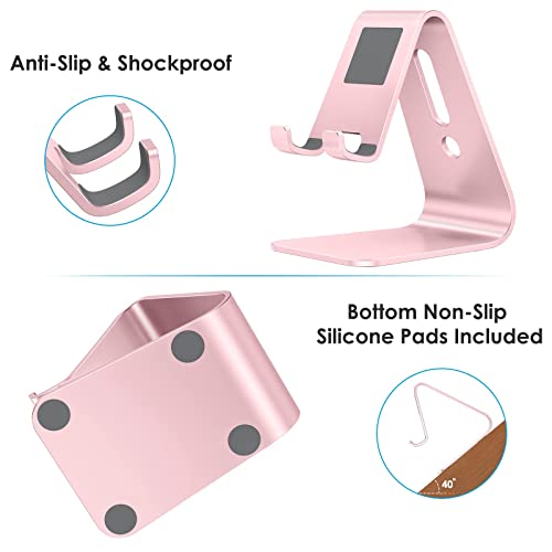 OMOTON Upgraded Aluminum Cell Phone Stand, C1 Durable Phone Holder Dock with Protective Pads, Desk Decor for iPhone 14/13/12/11 Pro Max XR XS, iPad Mini, Android Phones Office Accessories, Rose Gold
