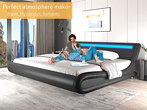 SHA CERLIN Upholstered Modern Bed Frame with LED Headboard/Mattress Foundation/No Box Spring Needed/Strong Wood Slats Support/Easy Assembly, Black, Full