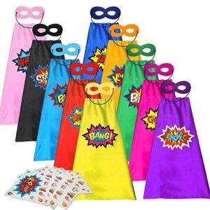 adjoy kids superhero capes and masks with large superhero stickers - super hero costume for parties - 10 sets (20pcs)