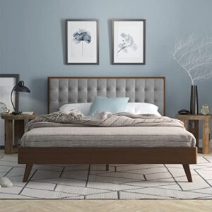 dg casa soloman mid century modern upholstered platform bed frame with square button tufted headboard and full wooden slats, box spring not required - king size in gray fabric