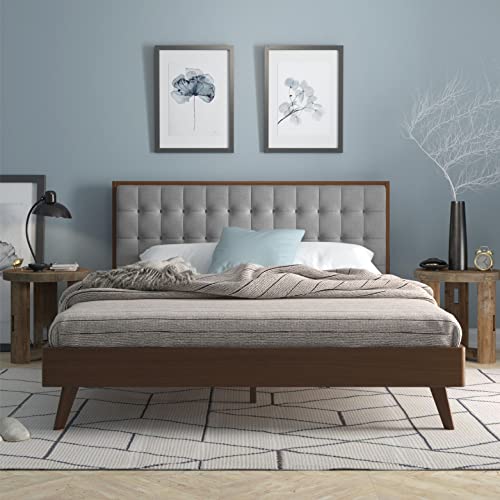 DG Casa Soloman Mid Century Modern Upholstered Platform Bed Frame with Square Button Tufted Headboard and Full Wooden Slats, Box Spring Not Required - King Size in Gray Fabric