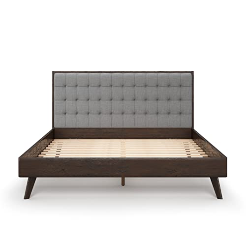 DG Casa Soloman Mid Century Modern Upholstered Platform Bed Frame with Square Button Tufted Headboard and Full Wooden Slats, Box Spring Not Required - King Size in Gray Fabric