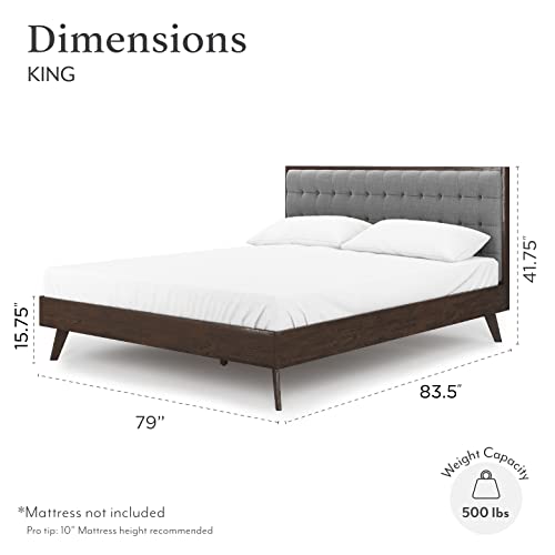 DG Casa Soloman Mid Century Modern Upholstered Platform Bed Frame with Square Button Tufted Headboard and Full Wooden Slats, Box Spring Not Required - King Size in Gray Fabric