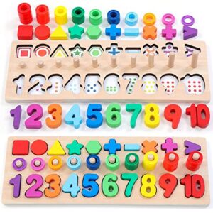 gerocrew wooden montessori toys for kids toddler number puzzles sorter counting shape stacker stacking game preschool toys for boy girl learning education math blocks 1 year old girl gifts (rainbow)