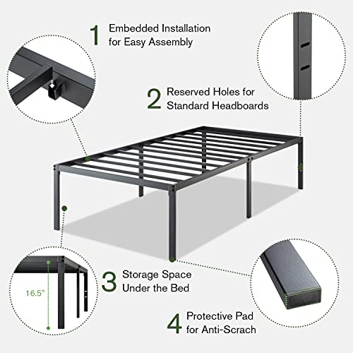 IMUsee Heavy Duty Twin Size Platform Bed Frame with 18 inch Large Under Bed Storage Space, Sturdy Metal Frame/Mattress Foundation/No Box Spring Needed/Easy Assembly/Noise-Free