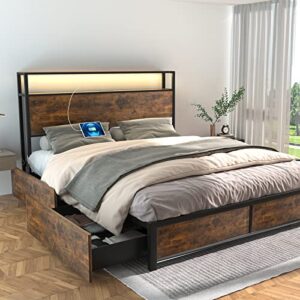 gitua bed frame with storage drawers queen size - led lights and charging station metal bed frame with headboard, no box spring platform bed frame wood, vintage brown