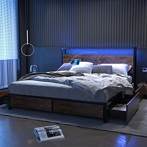 Gitua Bed Frame with Storage Drawers Queen Size - Led Lights and Charging Station Metal Bed Frame with Headboard, No Box Spring Platform Bed Frame Wood, Vintage Brown