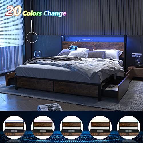 Gitua Bed Frame with Storage Drawers Queen Size - Led Lights and Charging Station Metal Bed Frame with Headboard, No Box Spring Platform Bed Frame Wood, Vintage Brown