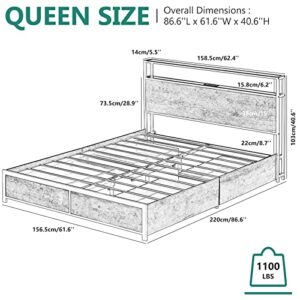 Gitua Bed Frame with Storage Drawers Queen Size - Led Lights and Charging Station Metal Bed Frame with Headboard, No Box Spring Platform Bed Frame Wood, Vintage Brown