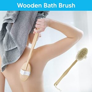 Satin Wooden Body Brush With Removable Handle - Silicone Back Scrubber Scrub Belt - Double Sided - Effectively Exfoliates - Help to Remove Dirt & Oil