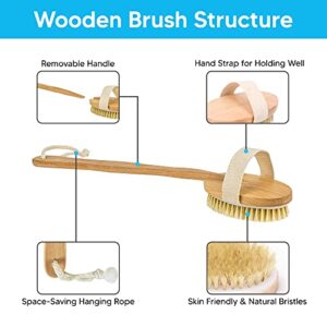 Satin Wooden Body Brush With Removable Handle - Silicone Back Scrubber Scrub Belt - Double Sided - Effectively Exfoliates - Help to Remove Dirt & Oil