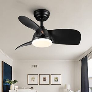 IQCSXLQ Small Black Ceiling Fan with Light and Remote, Modern Low Profile Ceiling Fan with Lights, 3 Blade Propeller Ceiling Fan with LED Light for Bedroom Living Room Kitchen Proch(28 Inch, Black)