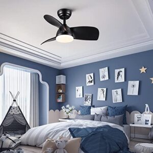 IQCSXLQ Small Black Ceiling Fan with Light and Remote, Modern Low Profile Ceiling Fan with Lights, 3 Blade Propeller Ceiling Fan with LED Light for Bedroom Living Room Kitchen Proch(28 Inch, Black)