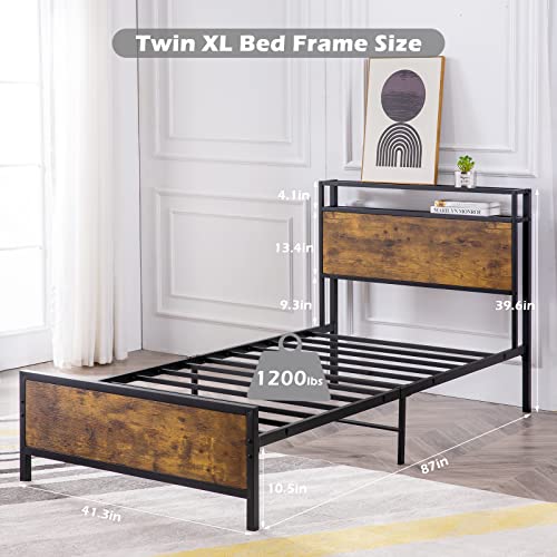 GAZHOME Twin XL Bed Frame, Platform Bed with 2-Tier Storage Headboard, Solid and Stable, Noise Free, No Box Spring Needed, Easy Assembly