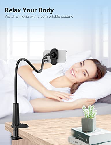 Tryone Gooseneck Phone Holder Stand for Bed Flexible Arm Adjustable Cell Phones Mount Clamp on Desk Bedframe Compatible with iPhone 14 Pro Max 13 12 11 X SE Series/Samsung S22 or Other 4"-7" Devices