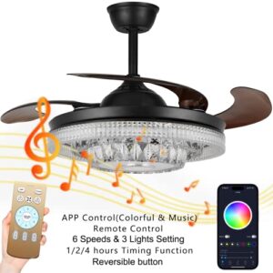 FINE MAKER 42" Bluetooth Fandelier Ceiling Fan with Light, Modern Black Reversible Chandelier Fan with RGB Light Colors Retractable Blades Light Fixture for Bedroom Living Room